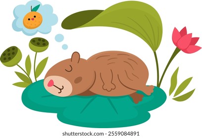 Vector capybara icon. Cute capibara sleeping on water lily leaf with closed eyes, dreaming of tangerine. Funny happy animal illustration isolated on white background. Comic trendy guinea pig clipart