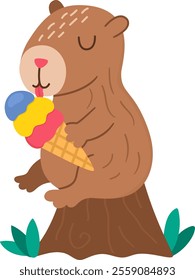 Vector capybara icon. Cute capibara sitting on stump and eating ice-cream with closed eyes. Funny happy animal illustration isolated on white background. Comic trendy guinea pig clipart