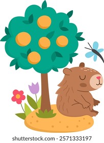 Vector capybara illustration. Cute scene with capibara sitting under tangerine tree with closed eyes, with dragonfly and flowers. Funny spring or summer scene with adorable animal