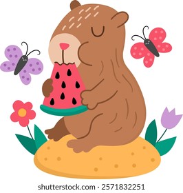 Vector capybara illustration. Cute scene with capibara sitting on flower clearing with closed eyes, with butterflies, eating watermelon. Funny spring or summer scene with adorable animal