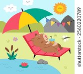 Vector capybara landscape illustration. Cute square scenery with capibara lying on sun lounger under beach umbrella with closed eyes, drinking bubble tea. Funny scene with adorable animal