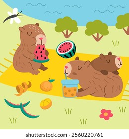 Vector capybara landscape illustration. Cute square scenery with capibaras sitting on each other and drinking bubble tea and eating watermelon near the pond. Funny scene with adorable animals