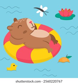 Vector capybara landscape illustration. Cute square scenery with capibara swimming and lying and swimming on floatie. Funny scene with adorable animal in the pond or pool with water lily