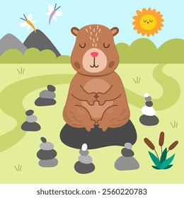 Vector capybara landscape illustration. Cute square scenery with capibara meditating in rock garden with closed eyes. Funny scene with adorable animal. Happy land background for kids