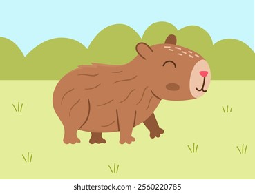 Vector capybara landscape illustration. Cute scenery with capibara standing on the grass. Funny scene with adorable animal in the clearing. Happy land background for kids with greenery, blue sky