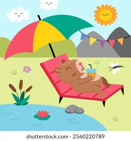 Vector capybara landscape illustration. Cute square scenery with capibara lying on sun lounger under beach umbrella with closed eyes, drinking bubble tea. Funny scene with adorable animal