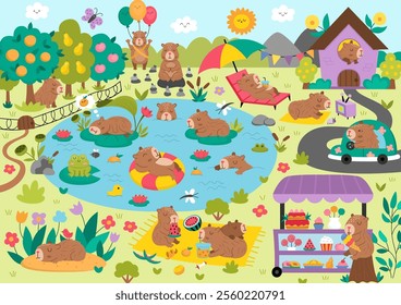 Vector capybara landscape illustration. Cute scenery with capibaras, pond, car, house. Funny detailed scene with adorable animals swimming, relaxing, meditating. Happy land picture for kids