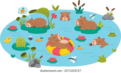 Vector capybara landscape illustration. Cute horizontal scenery with capibaras swimming in lake or pond with frog, water lily, reeds. Funny scene with adorable animal. Summer background for kids