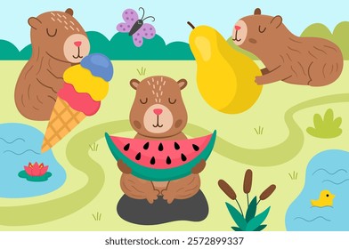 Vector capybara landscape illustration. Cute scenery with capibaras holding fruits and ice-cream. Funny scene with adorable animals. Happy land picture for kids with pear, watermelon, butterfly