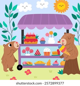 Vector capybara landscape illustration. Cute square scenery with capibaras sitting in rolling snack cart with wheels. Funny scene with adorable animal in candy shop drinking and eating sweets