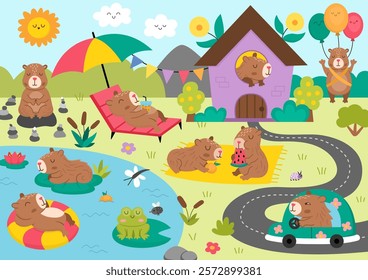 Vector capybara landscape illustration. Cute scenery with capibaras, pond, garden, house. Funny detailed scene with adorable animals swimming, relaxing, meditating. Happy land picture for kids