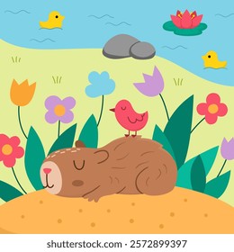 Vector capybara landscape illustration. Cute square scenery with capibara sleeping on flower clearing with closed eyes and bird on his back. Funny scene with adorable animal