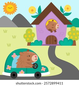 Vector capybara landscape illustration. Cute square scenery with capibara driving a green car with pink flowers to the house. Funny scene with adorable animals