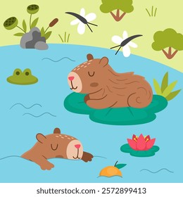 Vector capybara landscape illustration. Cute square scenery with capibaras swimming in the lake with closed eyes. Funny scene with adorable animal. Happy land background for kids