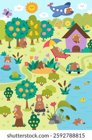 Vector capybara landscape illustration. Cute scenery with capibara, pond, car, house, plane. Funny detailed scene with adorable animals swimming, relaxing, meditating. Happy land picture for kids
