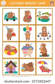 Vector capybara memory game cards with cute animals sleeping, meditating, relaxing. Capibara matching activity. Remember and find correct card. Simple printable worksheet for kids