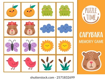 Vector capybara memory game cards with cute animals, frog, butterfly, reeds, bird, tangerine. Capibara matching activity. Remember and find correct card. Simple printable worksheet for kids