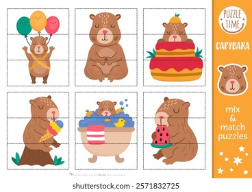 Vector capybara mix and match puzzle. Matching capibara activity for preschool kids. Educational printable game with cute animals flying on balloons, bathing, eating ice cream, meditating