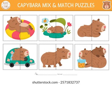 Vector capybara mix and match puzzle. Matching capibara activity for preschool kids. Educational printable game with cute animals, driving car, sleeping, drinking tea, meditating