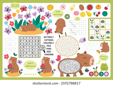 Vector capybara placemat for children. Capibara printable activity mat with maze, word search puzzle, shadow match, find difference. Cute relaxing animal play mat, menu, kids magazine spreadsheet
