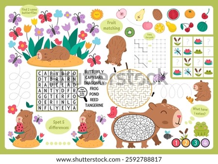 Vector capybara placemat for children. Capibara printable activity mat with maze, word search puzzle, shadow match, find difference. Cute relaxing animal play mat, menu, kids magazine spreadsheet
