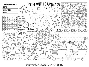 Vector capybara placemat for kids. Capibara printable activity mat with maze, tic tac toe charts, connect the dots, find difference. Cute relaxing animals black and white play mat or coloring page
