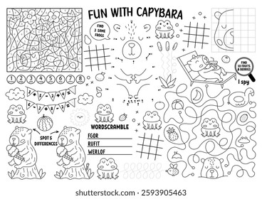 Vector capybara placemat for kids. Capibara printable activity mat with maze, tic tac toe charts, connect the dots, find difference. Cute relaxing animals black and white play mat or coloring page
