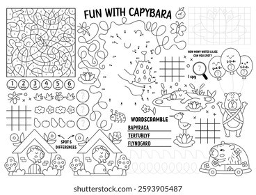 Vector capybara placemat for kids. Capibara printable activity mat with maze, tic tac toe charts, connect the dots, find difference. Cute relaxing animals black and white play mat or coloring page
