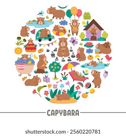 Vector capybara round frame with funny relaxed animals, frog, tangerines, fruit, flowers, butterfly. Capibara card template design for banners, invitations. Cute illustration with guinea pigs