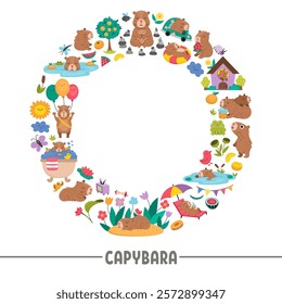 Vector capybara round wreath frame with relaxed animals, frog, tangerines, fruit, flowers, butterfly. Capibara card template design for banners, invitations. Cute illustration with guinea pigs