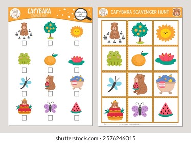 Vector capybara scavenger hunt cards set. Seek and find game with cute animals for kids. Capibara searching activity. Simple educational printable worksheet with butterfly, frog, tangerine