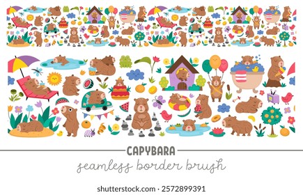 Vector capybara seamless border brush. Cute capibara animals horizontal repeat background with bath, fruit, reeds, birds, tangerines, meditating, sleeping, relaxing, swimming animals