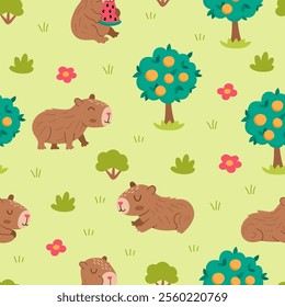 Vector capybara seamless pattern. Cute repeat background with capibara on green grass with tangerine tree, bushes, flowers. Funny digital paper with meditating, sleeping, relaxing animals