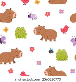 Vector capybara seamless pattern. Cute capibara repeat background with frog, bird, flower, butterfly, fly, bug. Funny digital paper with happy relaxed animals