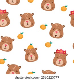 Vector capybara seamless pattern. Cute repeat background with happy, excited, relaxed capibara heads. Funny digital paper with cute animal faces showing different positive emotions