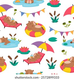 Vector capybara seamless pattern. Cute capibara repeat background with pond, water lily, reeds. Funny digital paper with meditating, sleeping, relaxing, swimming animals