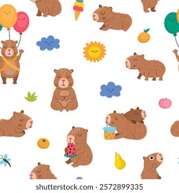 Vector capybara seamless pattern. Cute capibara repeat background with sun, clouds, balloons, tangerines. Funny digital paper with meditating, sleeping, relaxing, eating animals