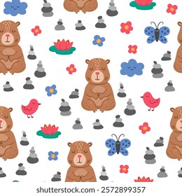 Vector capybara seamless pattern. Cute capibara repeat background with stone garden, clouds, flowers, butterflies. Funny digital paper with meditating, relaxing animal