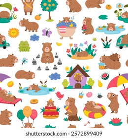 Vector capybara seamless pattern. Cute capibara repeat background with bath, fruit, reeds, birds, tangerines. Funny digital paper with meditating, sleeping, relaxing, swimming animals