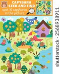Vector capybara searching game with summer landscape, garden, house, pond, tangerine. Spot hidden animals in the picture. Simple capibara seek and find educational printable activity for kids