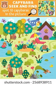 Vector capybara searching game with summer landscape, garden, house, pond, tangerine. Spot hidden animals in the picture. Simple capibara seek and find educational printable activity for kids