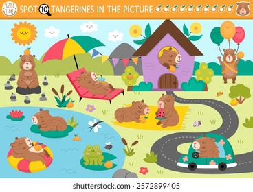 Vector capybara searching game with summer landscape, pond. Spot hidden tangerines in the picture. Simple capibara seek and find educational printable activity for kids with cute animals