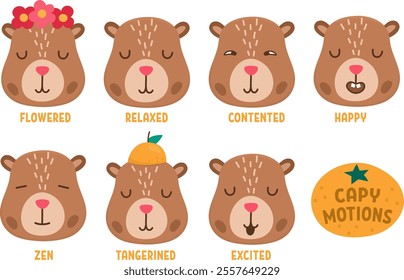 Vector capybara set. Cute capibara heads collection showing different emotions and feelings. Funny guinea pigs relaxed, contented, excited, zen, excited. Psychological stickers pack