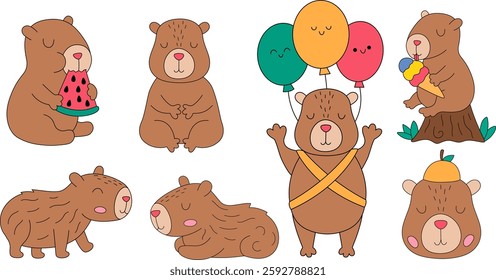 Vector capybara set. Cute capibara animals collection. Funny guinea pigs meditating, sleeping, relaxing, flying balloons, eating ice-cream, having fun. Cartoon colored illustration with outlines
