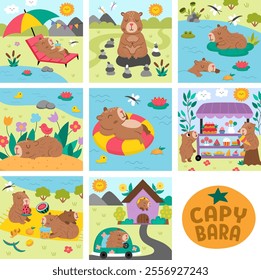 Vector capybara square scenes collection Capibara landscape illustration pack for kids. Cute nature scenes set with adorable animals relaxing, meditating, sleeping, eating, having fun