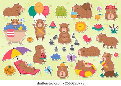 Vector capybara stickers set. Cute capibara animals patches collection with bath, fruit, reeds, birds. Funny guinea pigs meditating, sleeping, relaxing, swimming with tangerines, eating ice-cream