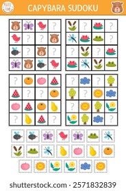 Vector capybara sudoku puzzle for kids with pictures. Simple capibara quiz with cut and glue elements. Education activity or coloring page with butterfly, bird, fruit, sun. Draw missing objects