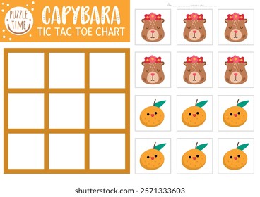 Vector capybara tic tac toe chart with cute animal and tangerine. Capibara board game playing field with cute characters. Funny printable worksheet. Noughts and crosses grid 