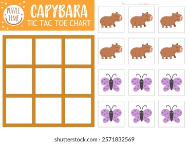 Vector capybara tic tac toe chart with cute animal and butterfly. Capibara board game playing field with cute characters. Funny printable worksheet. Noughts and crosses grid 