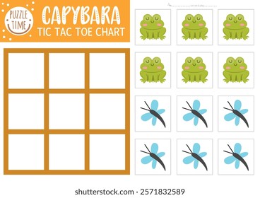 Vector capybara tic tac toe chart with cute animal, frog, dragonfly. Capibara board game playing field with cute characters. Funny printable worksheet. Noughts and crosses grid 